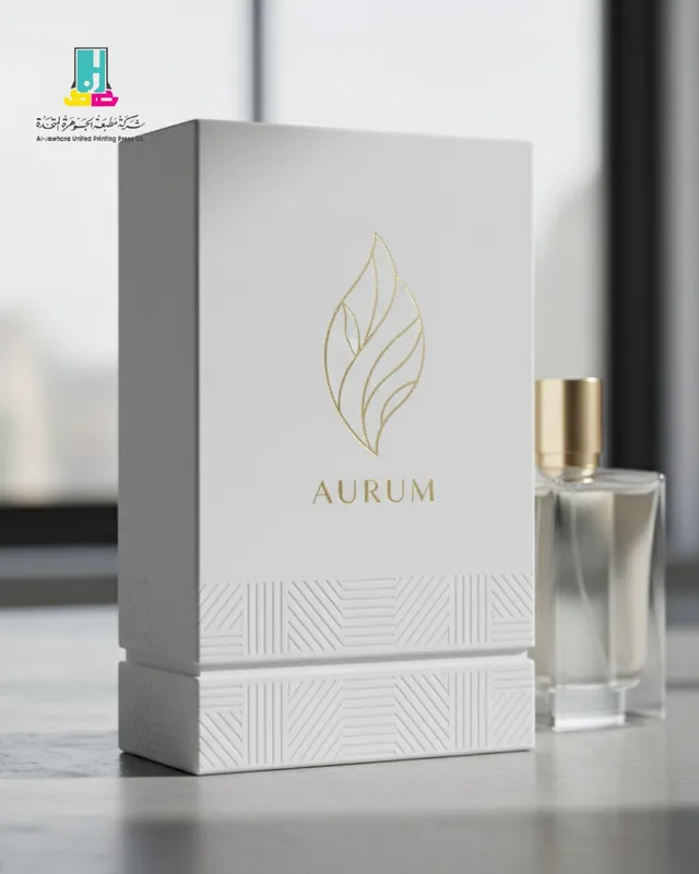 علبة عطر بيضاء بتصميم ذهبي مع زجاجة العطر